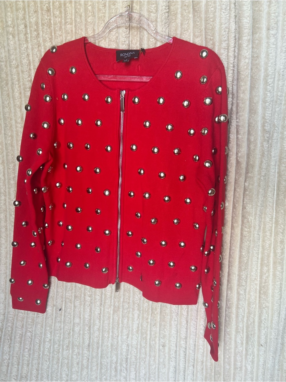 Red Embellished Zip-Front Jacket with Silver Studs on Front and Back